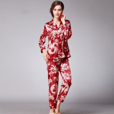 Spring Couple Piyama Merah Meriah Baru Menikah Pria dan WomenPajamas Lengan Panjang Pakaian Celana-Intl