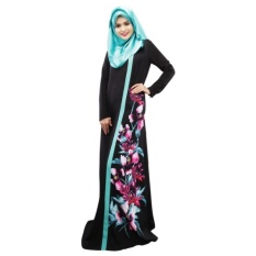 Spring Women Lady Kaftan Abaya Jilbab Islamic Muslim Floral Long Sleeve Maxi Dress(Black)