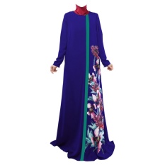 Spring Women Lady Kaftan Abaya Jilbab Islamic Muslim Floral Long Sleeve Maxi Dress(Blue)