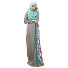 Spring Women Lady Kaftan Abaya Jilbab Islamic Muslim Floral Long Sleeve Maxi Dress(Grey)