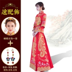 SQLIFE Malaysia Tradisional Bride Gaun Merah Pernikahan Gaun Naga dan Phoenix Mantel Bordir Kostum Cheongsam Pernikahan Gaun Malam-Intl