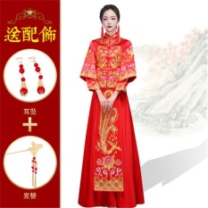 SQLIFE Malaysia Tradisional Bride Gaun Merah Pernikahan Gaun Naga dan Phoenix Mantel Bordir Kostum Cheongsam Pernikahan Gaun Malam-Intl