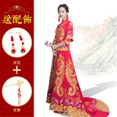 SQLIFE Malaysia Tradisional Bride Gaun Merah Pernikahan Gaun Naga dan Phoenix Mantel Bordir Kostum Cheongsam Pernikahan Gaun Malam-Intl