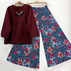 SR Collection Best Seller Set 2 in 1 Blouse Kulot Wanita Fitri - Maroon Abu