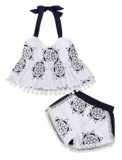 Bintang Mall Kidlove Gadis Kecil Pola Dahlia Indah Pompon Sling Terbaik & Celana Pendek Putih 12-18 M -Internasional