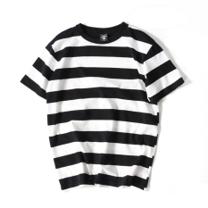 Kaos Oblong untuk Pria dengan Lengan Pendek Kerah Bulat Model Garis Versi Korea