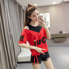 Strapless Stagen Huruf Cetak Baju Kaos (Merah)