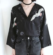 Kemeja Wanita Lengan 7/8 Sifon Leher V Retro Versi Korea (Gambar warna) (Gambar warna)