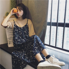 Gaun Wanita Model Setengah Panjang Sifon Bunga-Bunga Versi Korea (Biru tua) (Biru tua)