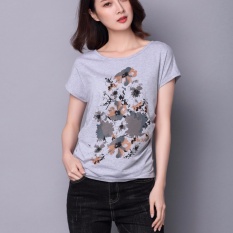 Musim Panas T-shirt Katun Wanita Batwing Pendek Berlengan Atasan (Abu-abu)-International