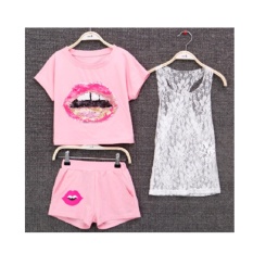 Musim Panas Girls Pakaian Set Pendek Lengan T-shirt + Tank Top + Celana Pendek 3 Pcs Set Fashion Remaja Gadis O-neck Pakaian Set (pink) -Intl