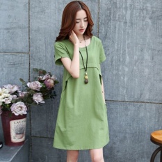 Musim Panas Korea Lengan Panjang Longgar Ukuran Besar Lengan Pendek Rok Kapas Linen Hamil Bottom Dress (Hijau)-Intl