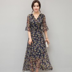 Korea Baru Musim Panas Gaun Sifon Slim V-Shirt Floral Lengan Hooded Dress-Intl