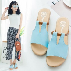 Musim Panas Gaya Baru Fashion Gaya Korea Sandal Sepatu Luar Pakai Tahan Air Taiwan Ikan Mulut Sepatu Flat Lereng dengan Sandal Wanita (Biru) -Intl