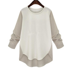 Musim Panas Wanita Fashion Panjang Lengan Spell Color Panjang Boose Hem Tidak Teratur Baju Sifon Blus (khaki)-Intl