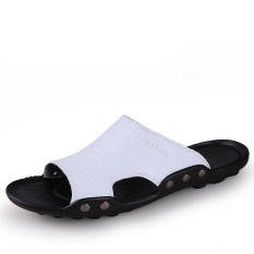 Musim Panas Sandal Pria Perancang Busana Pantai Merek Sepatu Sandal Kulit untuk Pria Lelaki Sandal (Putih)-Intl