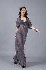 Summer Sexy See Through Transparent Dark Gray Short Sleeve Beach Kaftan Long Maxi Chiffon Beach Dresses Tunic Bathing Suit Women( One Size Model 170cm)