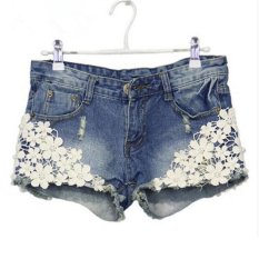 Gaya Musim Panas Wanita Celana Pendek Lace Floral Manik-manik Denim Shorts Rivet Dihiasi-Intl