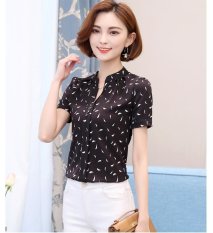 Gaya Panas Musim Wanita Atasan Kasual Lengan Bang Pendek V-Neck Fashion Wanita Blus Chiffon Cetak Baju Blus Warna: Hitam