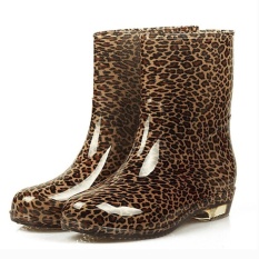 Sunshop Fashion Wanita Waterproof Antiskid Pertengahan Betis Dots Karet Sepatu Wanita Rain Boots 1 # Leopard-Intl
