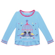 Sunwonder Arshiner Baru Manis Anak Girls Panjang Lengan Baju Bergaris Cetak Lipatan Kampuh Cute Pullover Blus Atas (Biru) -Intl