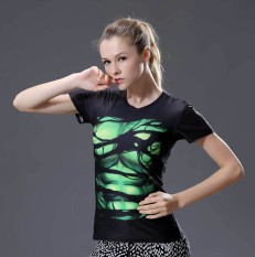 Super Hero 3D Dicetak Olahraga T-shirt Lengan Pendek Tights Yoga Outdoor Menjalankan Fitness Cepat Kering Pakaian (Hitam/ Hijau) -Intl
