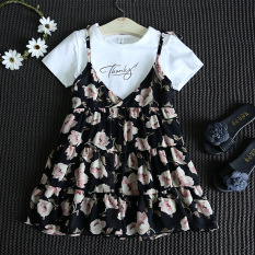 Gaun Anak Perempuan Bunga-Bunga Sifon T-Shirt Lengan Pendek Tank-Top Model Tali Gaya Eropa Amerika (Suihua rok + lengan pendek setelan) (Suihua rok + lengan pendek setelan)