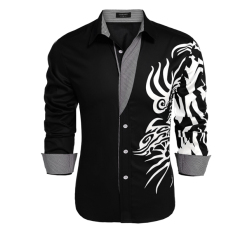 SuperCart COOFANDY Pria Lengan Panjang Down Neck Cetak Lepas Longgar Atasan Kasual Katun Kancing Kemeja (Hitam) -Intl