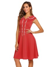 SuperCart Finejo Wanita Fashion Boneka Kerah Tak Berlengan Patchwork A-Line Dress (Merah)-Intl