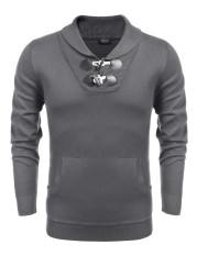 SuperCart Pria Lengan Panjang Kerah Berlipat Kebawah Knitting Pullover Sweater Horn Pocket Warmer (Abu-abu)-Intl