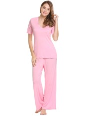 Supercart Wanita Kasual Leher-v Lengan Pendek Atasan dan Polos Pinggang Elastis Lebar Kaki Celana Pajama Set (Mawar) -Internasional