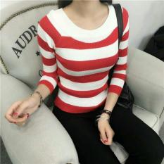 Baju Wanita Shop Sweater Rajut Wanita Garis / Sweater Hangat Lengan Panjang / Sweater Kasual Jalan Santai Korea Baju Tebal / Sweater Panjang / Kaos Sweater / Sweater Panjang (raza pot) NR - Merah D3C