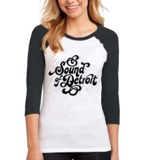 Sz Graphics Sound Of Detroit T Shirt Raglan 3/4 Wanita Kaos Raglan 3/4 Wanita T Shirt Wanita-Hitam Putih