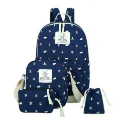 Tas Backpack Motif Bahan Kanvas 4 in 1 - Tas Ransel Kanvas Dompet Kanvas Tas Selempang Kanvas Pouch Kanvas - Navy