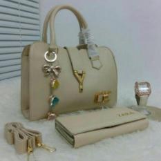 Tas Branded Wanita 3 in 1 - High Quality PU Leather Korean Elegant Bag Style + Wallet & Jam Tangan Branded