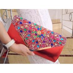 Tas Pesta Clutch Import Swalovski Dompet Pesta Wanita RED Merah 2851064