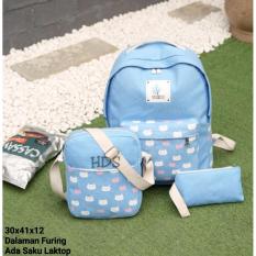 Tas Ransel Bagpack 3in1 Miaw Face Biru Sky Slip On Laptop  Best Seller