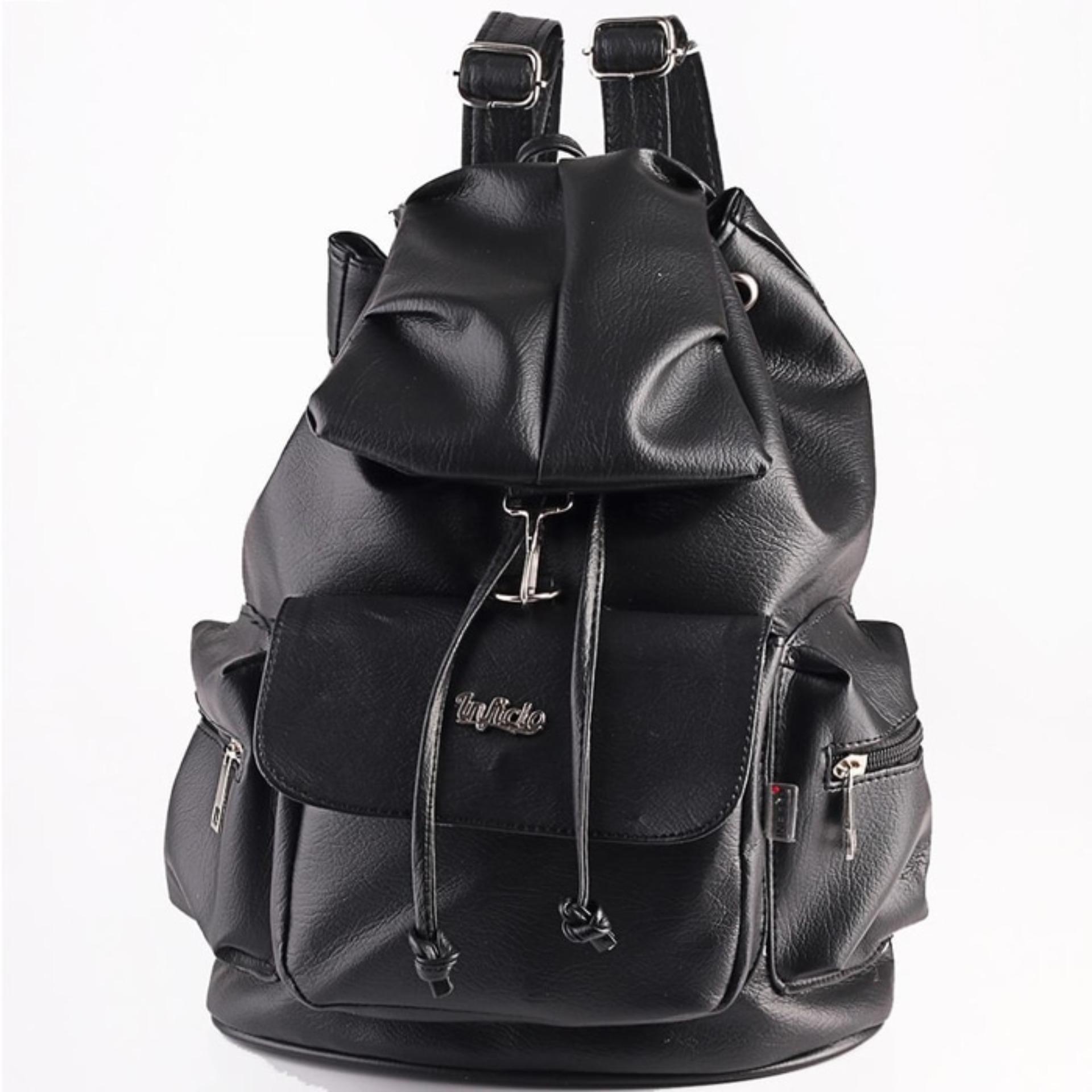 Tas Ransel Wanita Backpack Sekolah Kuliah Kerja Cewek Semi Kulit Hitam