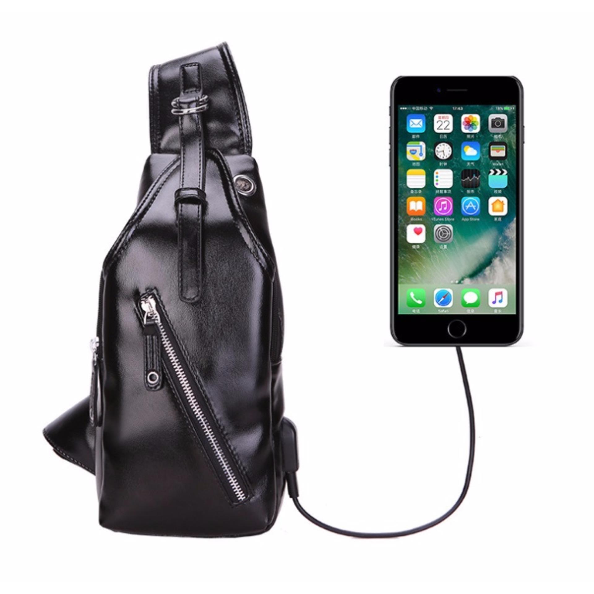 JUAL Pelangi tas Zig zag Tas Slempang Pria Chest Bag Crossbody 2 in Tas Selempang Pria Kulit Sling Bag Premium Leather with USB CS KU 01