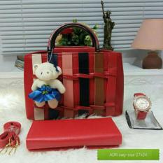 Tas Wanita Paket 3 in 1 - High Quality PU Leather Korea Elegant Bag Style + Wallet & Jam Tangan Branded