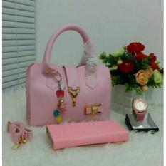 Tas Wanita Paket 3 in 1 - High Quality PU Leather Korea Elegant Bag Style + Wallet & Jam Tangan Branded