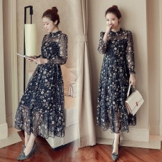 Temperamental Wanita Gaun Sifon Panjang Kausal Lady Slim Floral Gaun Perempuan Lengan Panjang A-line Partai Gaun 2018-Intl