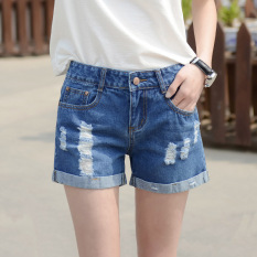 Wanita Baru Robek Lubang Lurus Tipis Denim Celana Pendek Musim Panas Bull-puncher Knickers (Dark Blue) -Intl-Intl
