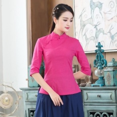 TidePioneer 2017 Musim Panas Cina Sastra Retro dengan Lengan Panjang Femalerepublican Girls Nama Family Wind Linen Gaya Costume Top (Rosered) -Intl