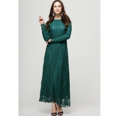 Tidepioneer untuk Wanita Muslim Wanita Baju Kurung Lengan Panjang Renda Gaun L16017 Hijau Tua-Intl