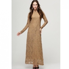 Tidepioneer untuk Wanita Muslim Wanita Baju Kurung Lengan Panjang Renda Gaun L16017 Khaki-Intl