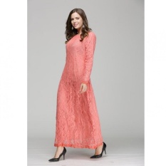 Tidepioneer untuk Wanita Muslim Wanita Baju Kurung Lengan Panjang Renda Gaun L16017 Pink-Intl