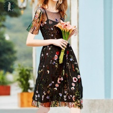 Hari Ini Plus Plus Ukuran Dua Potong Jas Wanita Musim Panas Gaun Bordir Bunga Vintage Mini Dress Mesh Patchwork Pesta Kasual Vestidos (hitam) -Intl