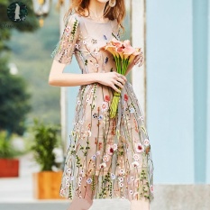 Hari Ini Plus Plus Ukuran Dua Potong Jas Wanita Musim Panas Gaun Bordir Bunga Vintage Mini Dress Mesh Patchwork Pesta Kasual Vestidos (putih) -Intl