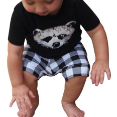 Balita Baby Boy Fox T Shirt Tops Plaid Celana Pendek Celana Pakaian Set-Intl